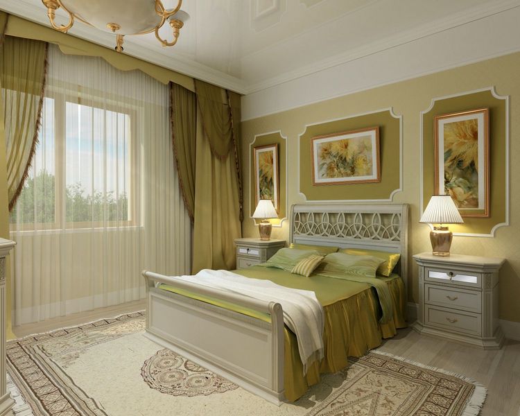 оливкоые шторы в дизайне спальной комнаты