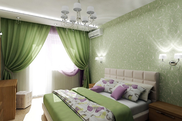 светло-зеленые шторы в спальне