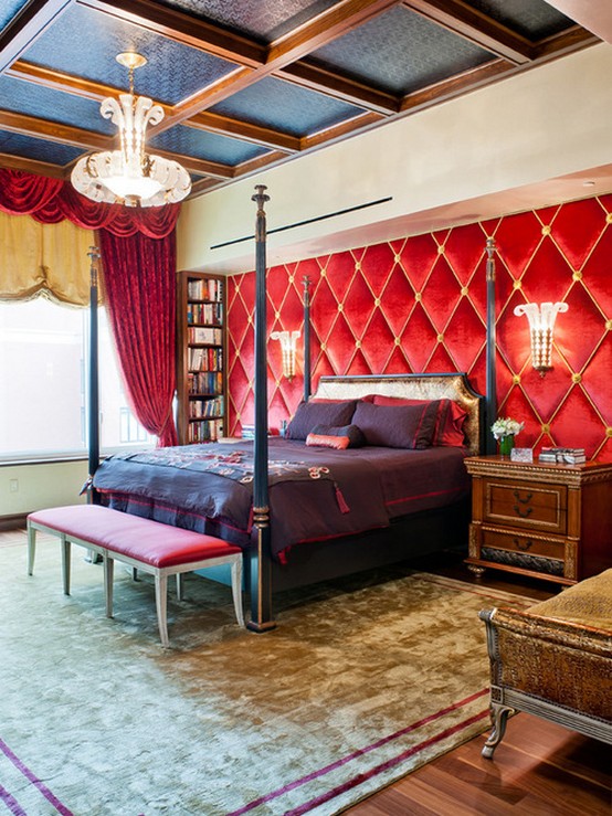 красные шторы в спальне поп арт