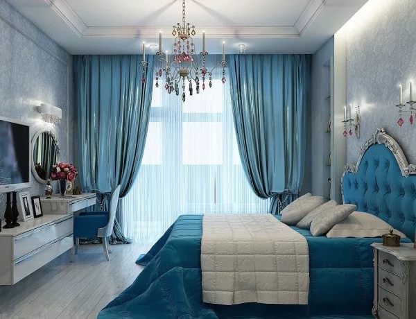 голубой тюль и шторы в спальне